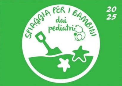 A green logo featuring a shovel, starfish, and text related to children's beaches by pediatricians.