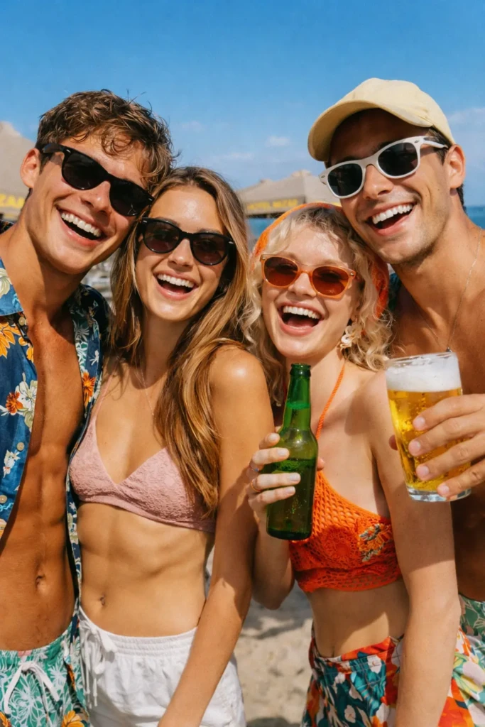 Gruppo di amici sorridenti in spiaggia che brindano con birre.